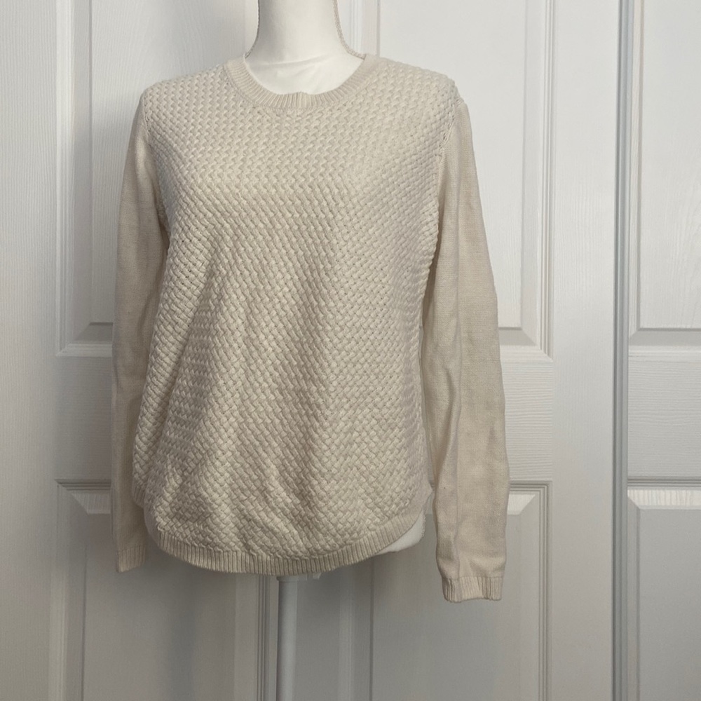 NEW NEVER WORN. White sweater with detailed patches